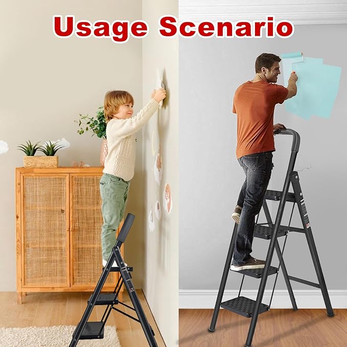 3 Step Ladder with Anti-Slip and Wide Pedal 220 lbs Capacity Folding Step Ladder for Household Kitchen Office(F-Black, 3-Step with Handrail)