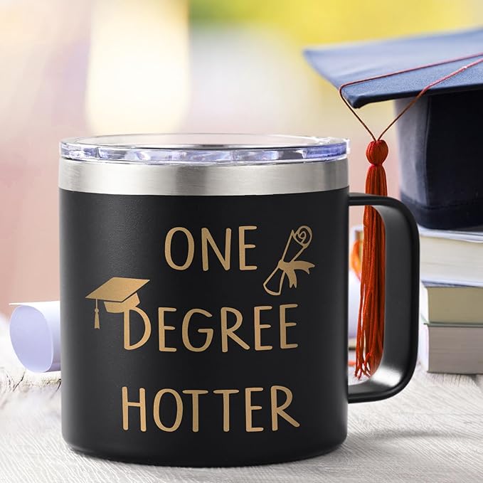 Lifecapido Graduation Gifts, One Degree Hotter 14oz Stainless Steel Coffee Mug with Handle, College Masters Degree Phd Graduation Gifts High School Graduation Gifts Christmas Gifts for Her Him (Black)