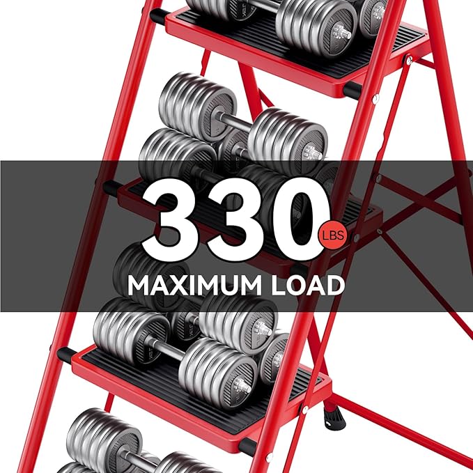 KINGRACK 4 Step Ladder, Folding Step Stool with Anti-Slip and Wide Pedal, Lightweight Stepladder with Handrails, Portable for Kitchen, Household, Red