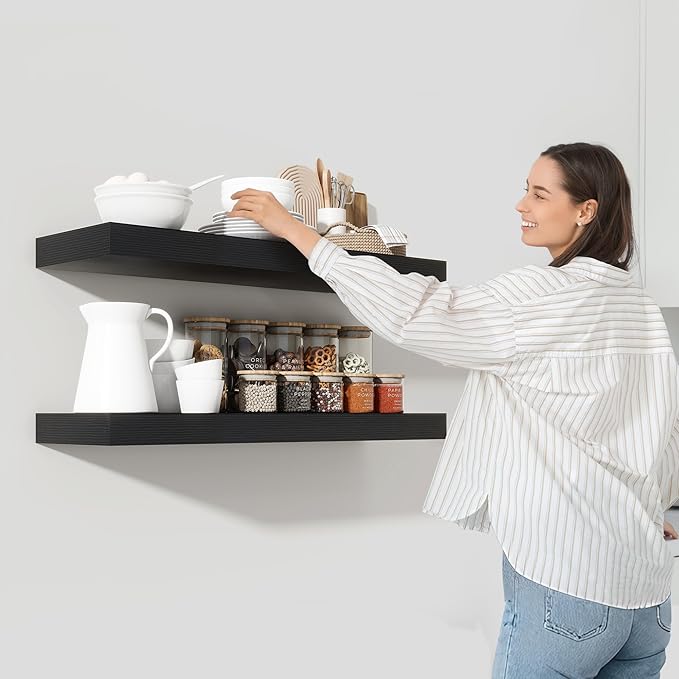 Heimlove 36 Inch Floating Shelves for Wall Set of 2,Black Wall Shelves for Storage & Decor - Heavy Duty with Invisible Brackets,Perfect for Living Room,Bedroom,Home Office