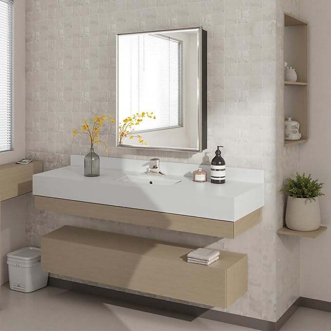 24''x 30'' Brushed Nickel Medicine Cabinet, Recessed or Surface Framed Medicine Cabinet with Beveled Mirror Pre-Assembled, Reversible Bathroom Storage Vanity Cabinet with Adjustable Shelves