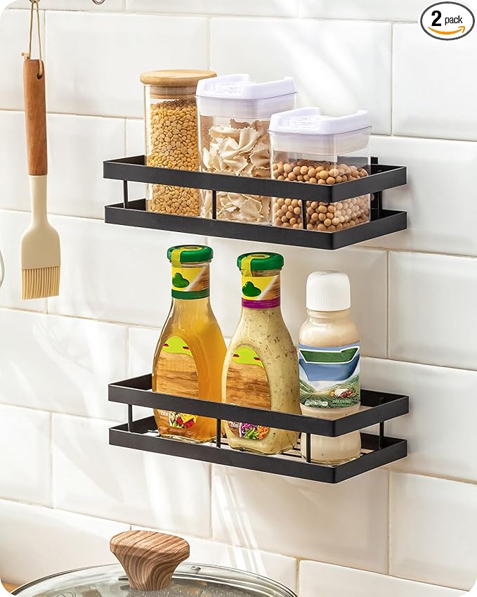 Metal Spice Rack Wall Mount Floating Shelves 2 Pack Black Storage organizer for Cabinet Door Pantry Kitchen Bathroom Supplies (9.8inches length)