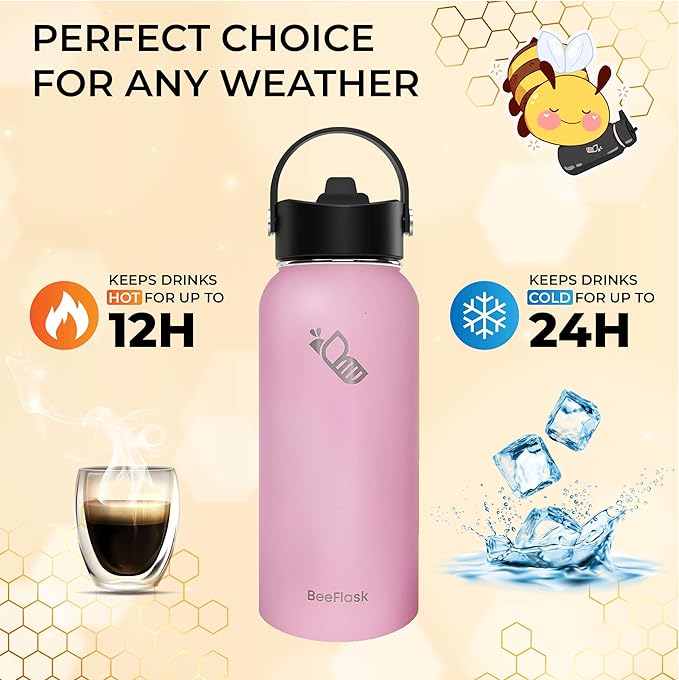 Sports Water Bottle - 32 Oz, 3 Lids (With straw), 50 Cute Stickers, Vacuum Insulated, 308 Stainless Steel, with a Portion of Sales Supporting Bee Conservation Efforts (Baby Pink)