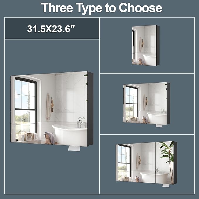 24 x 32 inch Bathroom Medicine Cabinet with Mirror, Black Metal Framed Mirror Medicine Cabinet with Storage, Pre-Assemble Medicine Cabinets for Bathroom, Recessed or Surface Mount