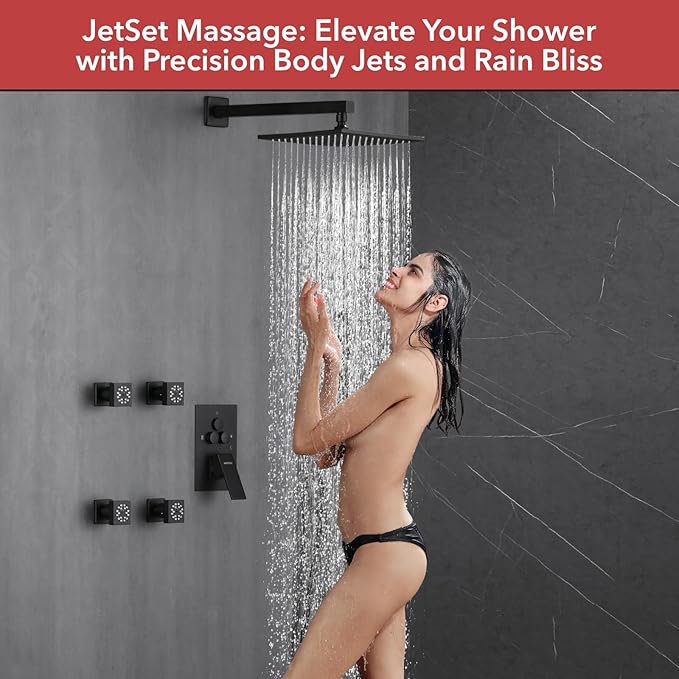 VANFOXLE Shower Faucet Set Matte Black Shower System,Three Modes Shower Faucet with 2 in 1 Handheld,Wall Mount 10 Inch Shower Head with 4 PCS Dual Modes Body Jets