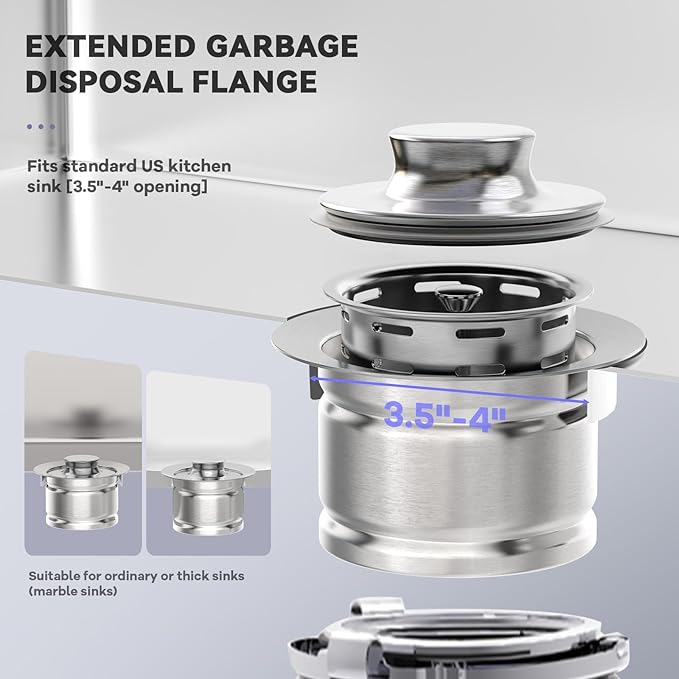 KONE Extended Garbage Disposal Flange with Strainer and Stopper, Deep 304 Stainless Steel Kitchen Extended Sink Flange for 3-1/2 Inch Standard Sink Drain, Convenient for Water Storage and Drainage