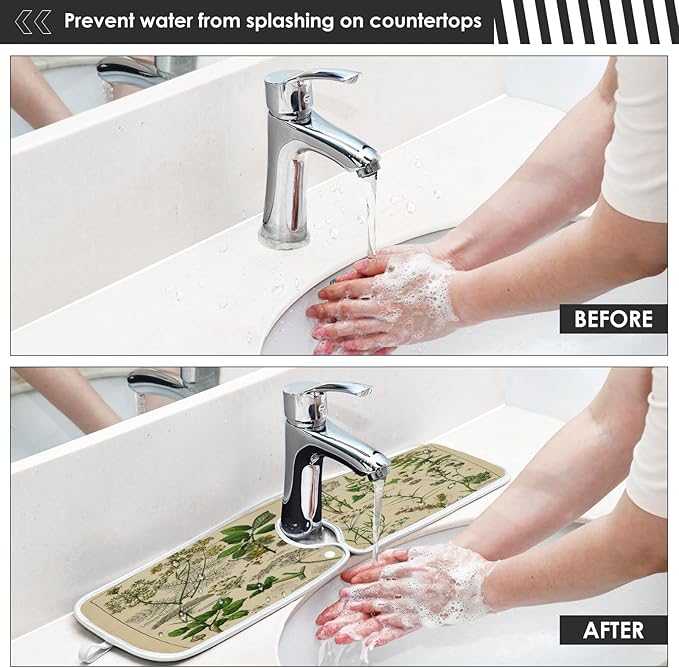 Kitchen Faucet Absorbent Mat, Antique Botanical Water Splash Guard for Sink, Faucet Drip Catcher Thicken Sponge Microfiber Faucet Water Catcher Mat Sink Absorbent Mat for Kitchen 23x5in 2 Pack