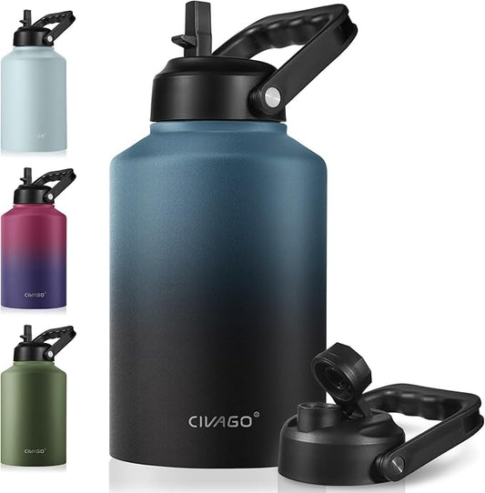 CIVAGO Gallon Insulated Water Bottle Jug with Straw, 128 oz Large Stainless Steel Sports Metal Water Canteen with Handle, Big Thermal Water Cup Mug with 2 Lids for Camping & Fishing, Indigo Black