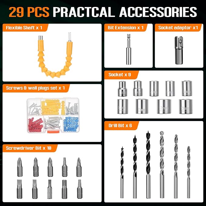 WORKBLESS 21V Power Drill Set, Cordless Drill with 2 Batteries and Charger, 3/8'' Keyless Chuck, Variable Speed, 18+1 Torque Setting and 28pcs Bits Tool Set(Orange)