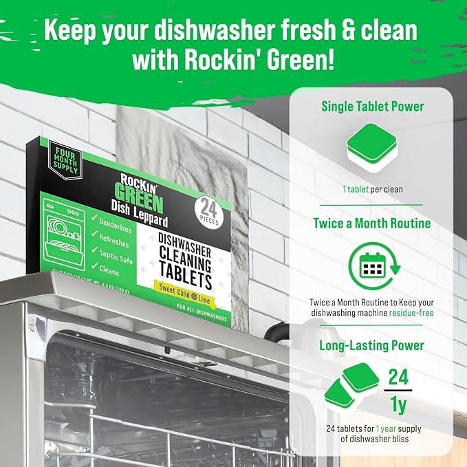 Rockin' Green Deep Cleaning and Deodorizing Tablets for Dishwashers, Washing Machines, and Garbage Disposals, Removes Odor and Residue (Dishwasher Cleaning Tablets, 24 Pack)