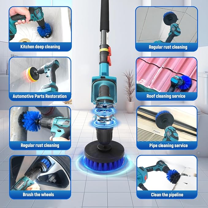 Cordless Telescoping Cleaning Tools&Power Drill with 2-Max 20V Batteries and 2.0A Charger 2-in-1 Cordless Pole Drill 5.3 to 15-Feet with 180° Telescoping Pole Include 7Pcs Drill Brushes