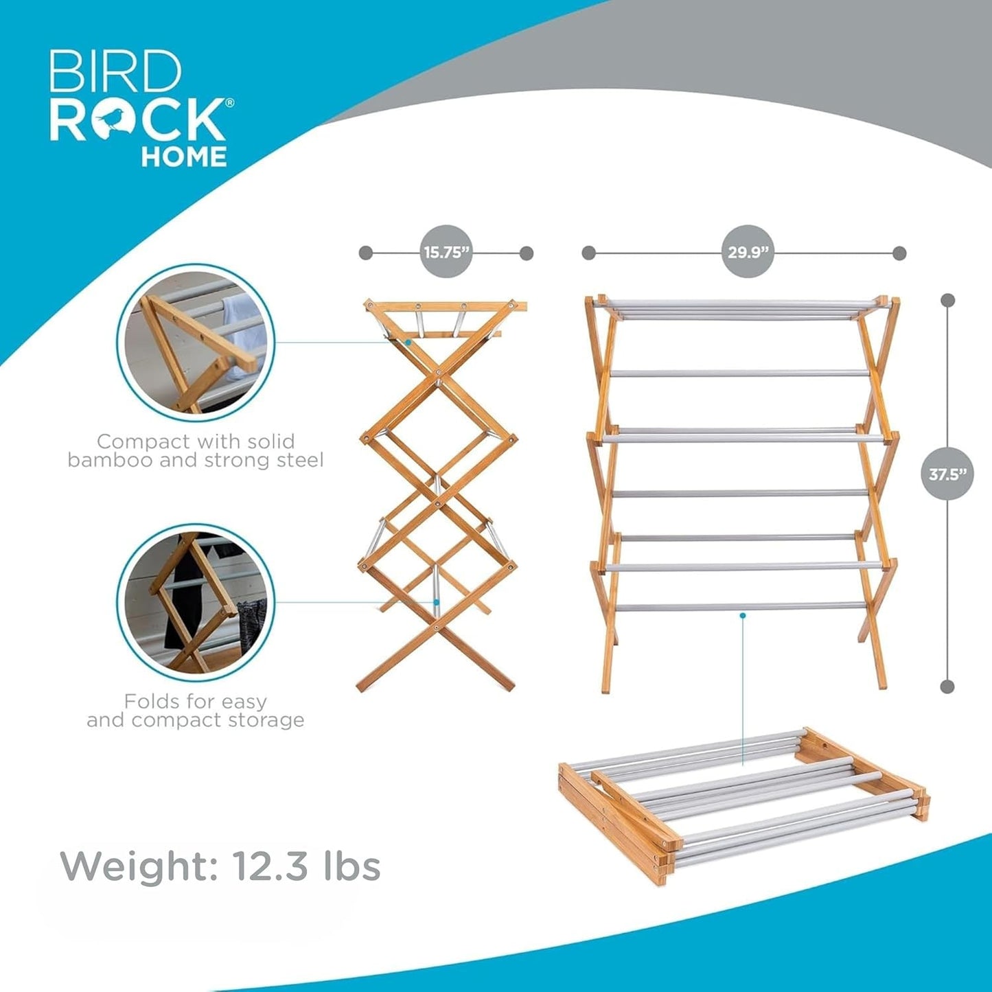 BirdRock Home Wooden Clothes Drying Rack | 3-Tier Foldable Bamboo Laundry Stand | Water-Resistant, Fully Assembled, Collapsible Indoor/Outdoor Dryer for Hanging Clothes | Grey