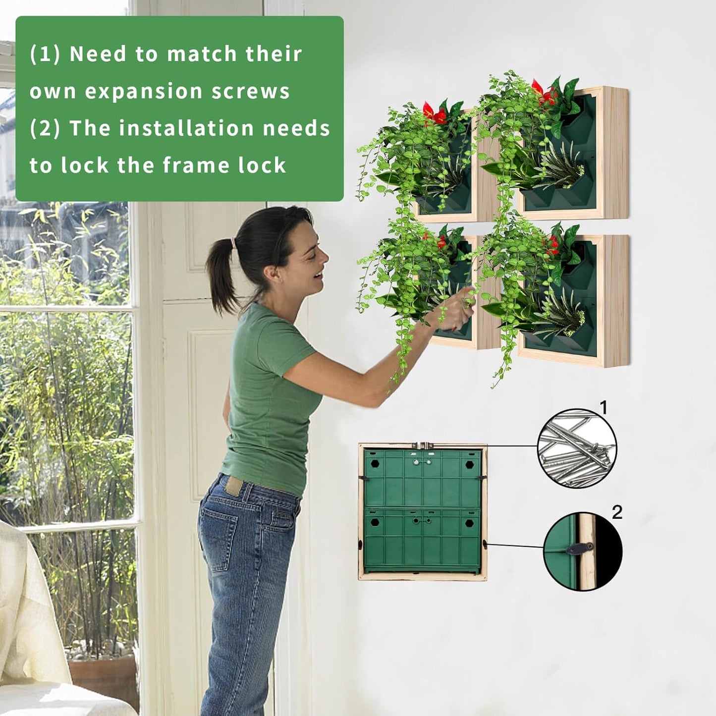 Vertical Wall Planter, 4 Pots Self Watering Living Planters Indoor, Wooden Frame Planter Wall Decoration Home Office (No Screw)