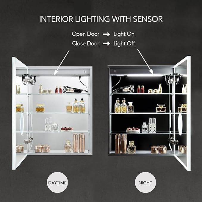 Blossom LED Lighted Mirror Medicine Cabinet, 20x32 Inch, Left Hinge | Recessed or Surface Bathroom LED Medicine Cabinet with Mirror, Defogger, 3 Color Dimmer | 3X Makeup Mirror, Outlets & USB Ports