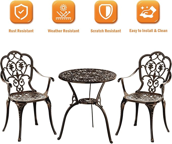 Patio Bistro Set of 2, Cast Aluminum, Outdoor Set w/Umbrella Hole, 3 Piece Table and Chairs Set, Bistro Set for Backyard/Garden/Lawn, Bronze