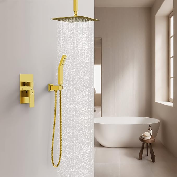SunCleanse Rainfall Shower Faucet Set Brushed Gold Shower Combo Set for Bathroom with High Pressure 10 inch Shower Head with Handheld Shower Valves Shower Head and Handheld Ceiling Mounted