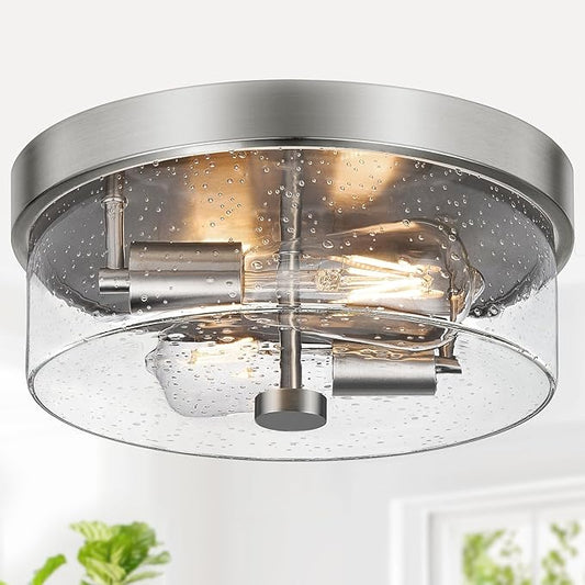 Flush Mount Ceiling Light Fixtures, 2-Light 12 Inch Brushed Nickel Close to Ceiling Light Fixtures with Seeded Glass Shade Ceiling Light Fixture for Porch, Hallway, Bathroom, Dining Room and Foyer
