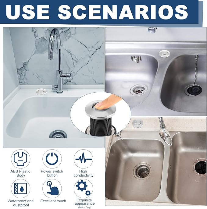 Garbage Disposal Air Switch Kit Dual Outlet Sink Top Waste Disposal On/off Stainless Steel Satin Nickel Button Extra Long Food and Waste Disposer, UL List(Silver)