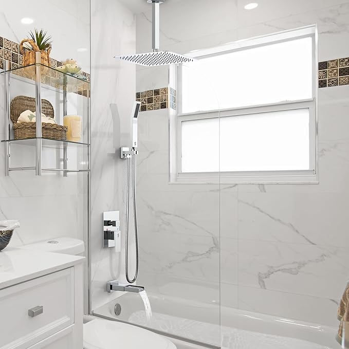 SR SUN RISE 12 Inches All Metal Bathtub Faucet Set Shower System with Tub Spout Rainfall Shower Head and Handheld Combo Modern Shower Fixtures Include Valve and Trim Kit, Polished Chrome