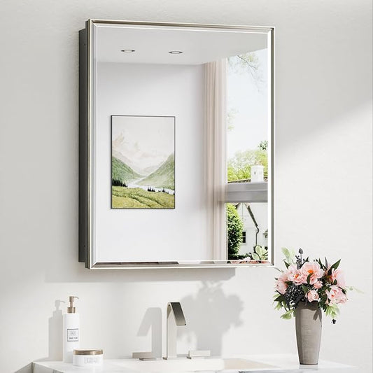 TokeShimi 24x30 Bathroom Mirrored Medicine Cabinet, Recessed Medicine Cabinet with Mirror, Aluminum Framed Brushed Nickel Mirror with Storage Adjustable and Quiet Hinge