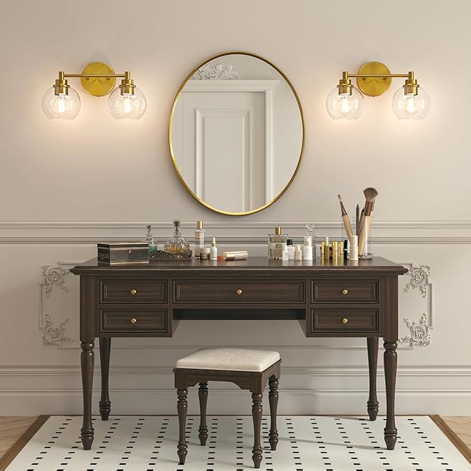VONLUCE Bathroom Light Fixtures, 2-Light Vanity Light with Globe Glass Shades E26 Sockets, Bathroom Lights Over Mirror for Bedroom Hallway Living Room, Gold Finish