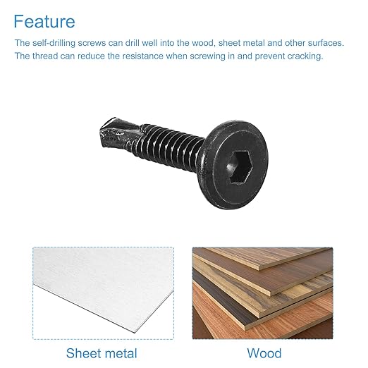 uxcell Hex Socket Self Tapping Screws, #10 x 1 410 Stainless Steel Sheet Metal Flat Head Drilling Screw 50pcs, Black