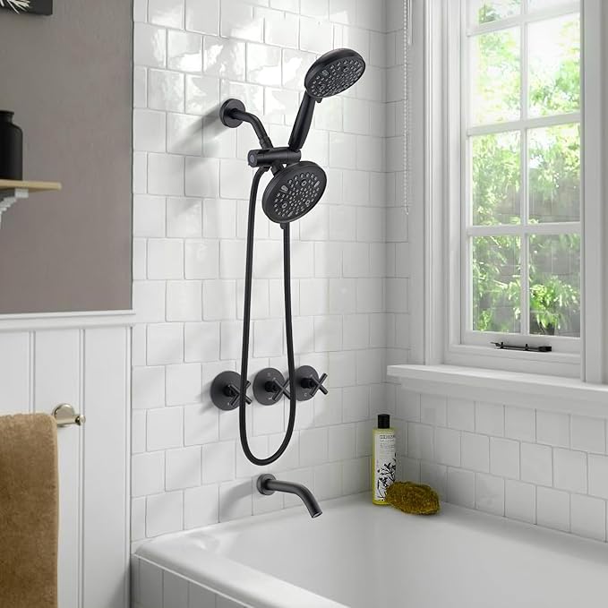PROOX 3 Handle Tub Shower Faucet Set, Dual shower head Combo with Tub and Shower Trim Kit with Rough-in Valve, Matte Black Bathtub Shower Faucets, Wall Mounted Bathroom Rain Shower System