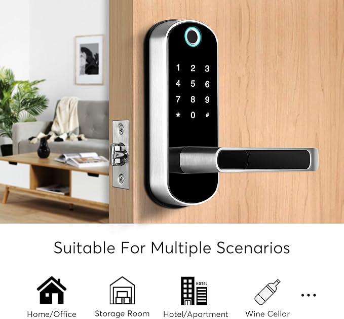 Smart Lock,TFX1 Bluetooth Enabled Fingerprint and Touchscreen Electronic Door Lock|TTLock App Unlock|Keyless Entry|Auto Lock|Fingerprint Door Lock for Home Office Apartment Hotel Garage School(Silver)