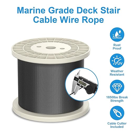 500FT 1/8" Wire Rope with Cutter, 316 Stainless Steel Wire Cable for Deck Stair Railing, 7x7 Strands Marine Grade Aircraft Cable, 1850lbs Breaking Strength, Black Cable Railing Kits, RG10