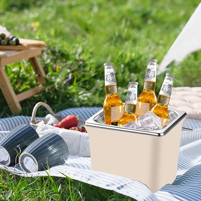Insulated Ice Bucket with Lid, Ice Scoop & Tongs, 2.5L Double Wall Stainless Steel Champagne Buckets for Cocktail Bar Wine Parties, Versatile Food Container for Hot Soup Ice Cube, Ivory White