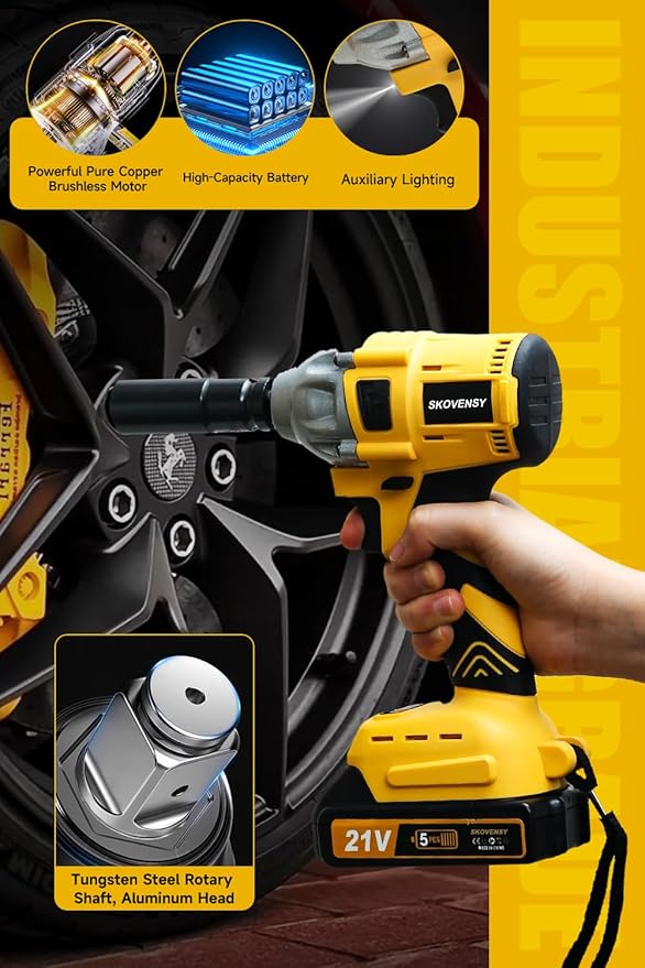 Cordless Impact Wrench 258Ft-lb (350N.m), Electric Driver for Car Tires and Home,1/2" Impact Gun with 2 Batteries and 6 Sockets, Yellow