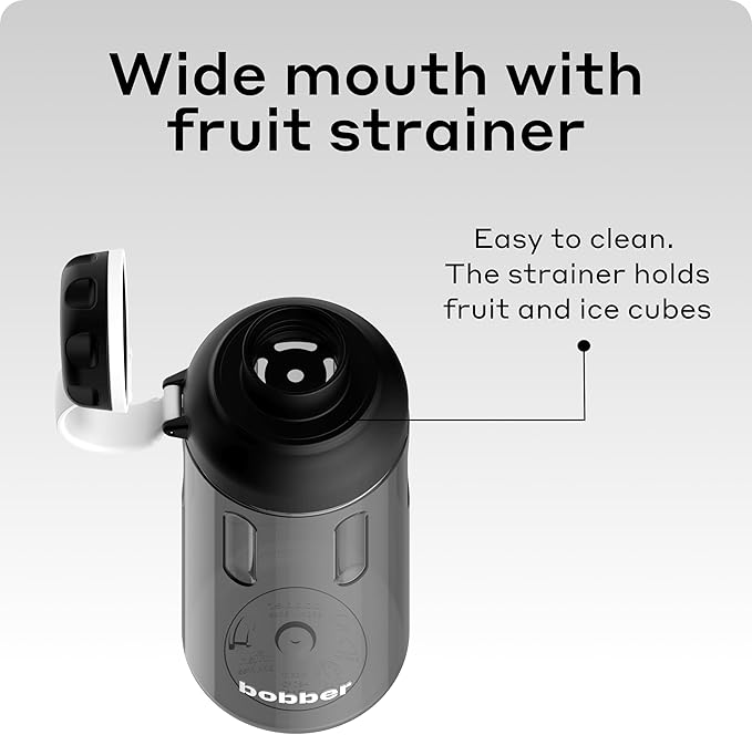 BOBBER 30 oz Tritan Water Bottle with Strainer Mesh, Premium Quality — BPA Free, Leak Proof & Dishwasher Safe Sports Water Bottle — Lightweight Portable No Spill Water Bottle for Adults (Black)