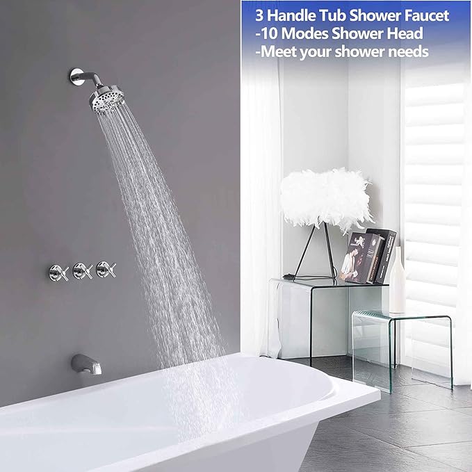 3 Handle Tub Shower Faucet Set, Bathtub Shower Faucet With Tub Spout Chrome Tub and Shower Trim Kit with Valve