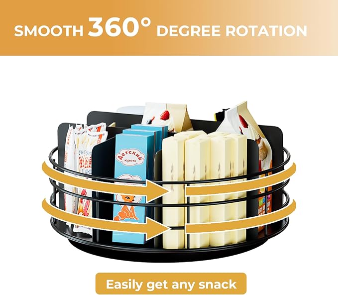 Snack Organizer - Versatile Snack Storage, Lazy Susan with Convenient Grab-and-Go Design, Metal Snack Holder for Home, Office, Breakroom, 10.85" L x 10.85" W x 5" H (Matte Black)