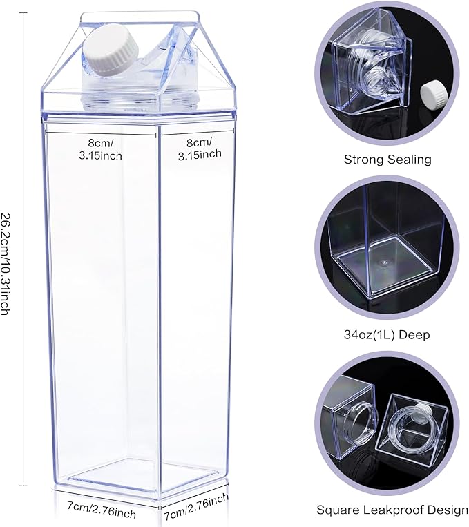 KALYLOC 4Pcs 34 Oz Milk Carton Water Bottle, Clear Plastic Square Milk Bottles, Portable Reusable Milk Box Juice Water Container for Travelling Sports Camping Outdoor Activities (Clean 4pcs)