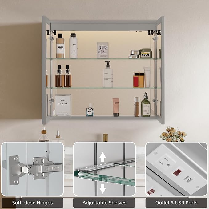 Buruis 32'' x 32'' Medicine Cabinet with Lights and Mirrors, Recessed or Wall Mounted Modern Bathroom Cabinet with 3-Mode Light, Anti-Fog, Dimmable, Memory Function, Outlet, Silver
