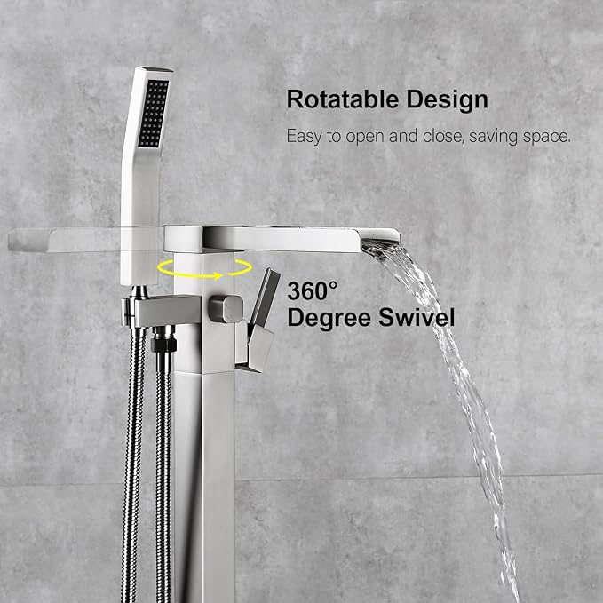 BAGNOLUX Solid Brass Floor Mount Bathtub Faucet Free Standing Tub Faucet Freestanding Tub Filler Brushed Nickel High Flow Rate Swivel Spout with Hand Shower, ‎YGSLT-Waterfall Brushed Nickel