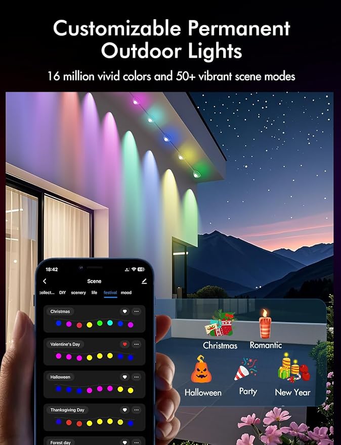 Permanent Outdoor Lights for House & Year-Round Use - Smart RGB+IC Color Changing Lights with APP/Voice Control, IP67 Waterproof, 124FT 72LEDs - Christmas, Patio, Garden, Commercial Decoration