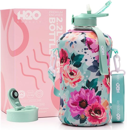 H2O Capsule 2.2L Half Gallon Water Bottle with Storage Sleeve and Covered Straw Lid – BPA Free Large Reusable Drink Container with Handle - Big Sports Jug, 2.2 Liter (74 Ounce)