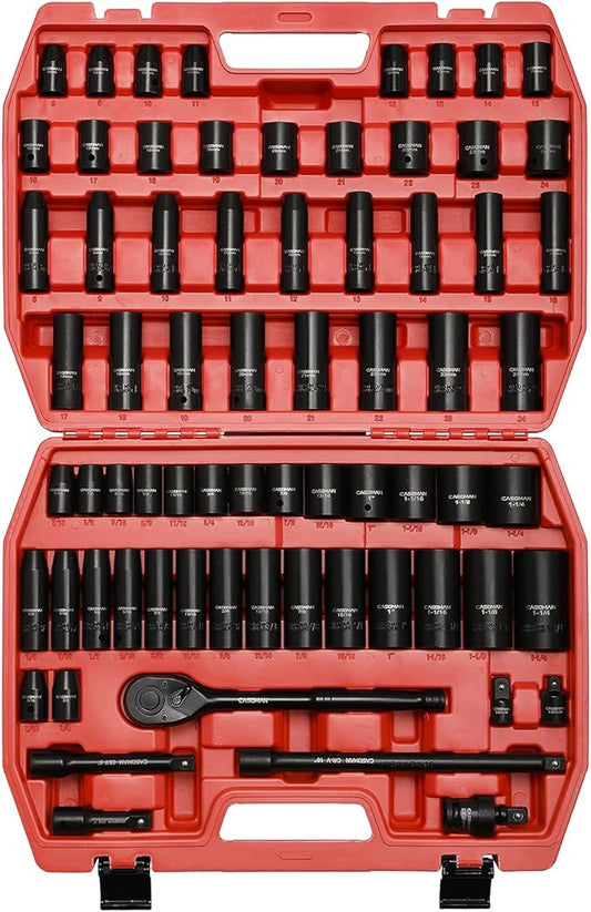 CASOMAN 1/2-inch 70 Pieces Impact Socket Master Set, SAE & Metric from 5/16"-1-1/4",8-24mm, Shallow/Deep Socket with Ratched Hand, Extension Bar and Adapters