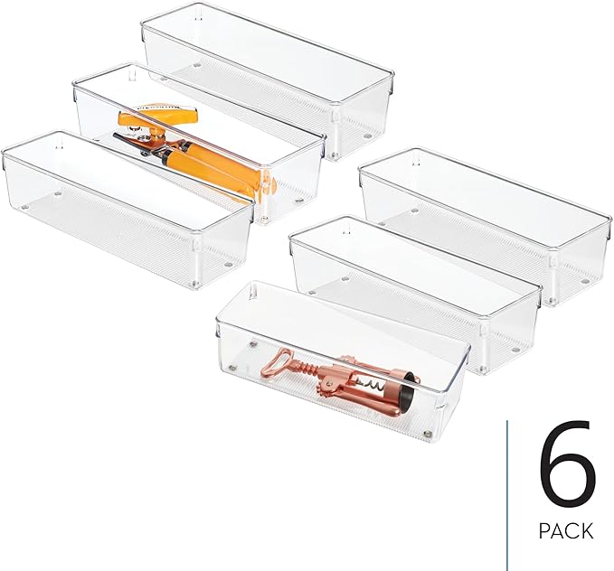 iDesign Plastic Drawer Organizer Bins - Storage for Kitchen, Bathroom, and Desk Drawers - Set of 6 - Clear