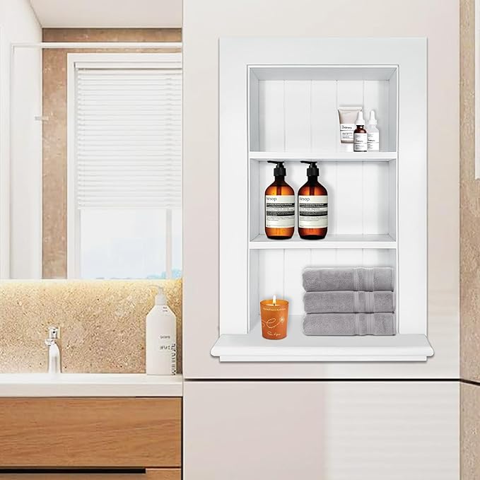 Royxen Bathroom Wall Cabinet with 3-Tier Shelves,Wooden Recessed Medicine Cabinet Over Toilet Storage Cabinet,Bathroom Cabinet Wall Mount for Home Storage, 14 x 24 Inch, White