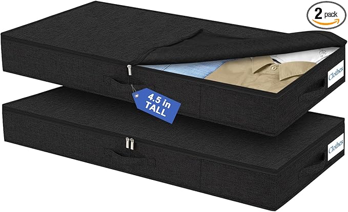 Cirhy Under Bed Storage Containers, 4.5 Inch Tall Low Profile Under Bed Storage with Sturdy Sidewalls & Bottom, UnderBed Storage for Clothes,Shoes, Pillow, Blankets Organizer, 2 Pack Black