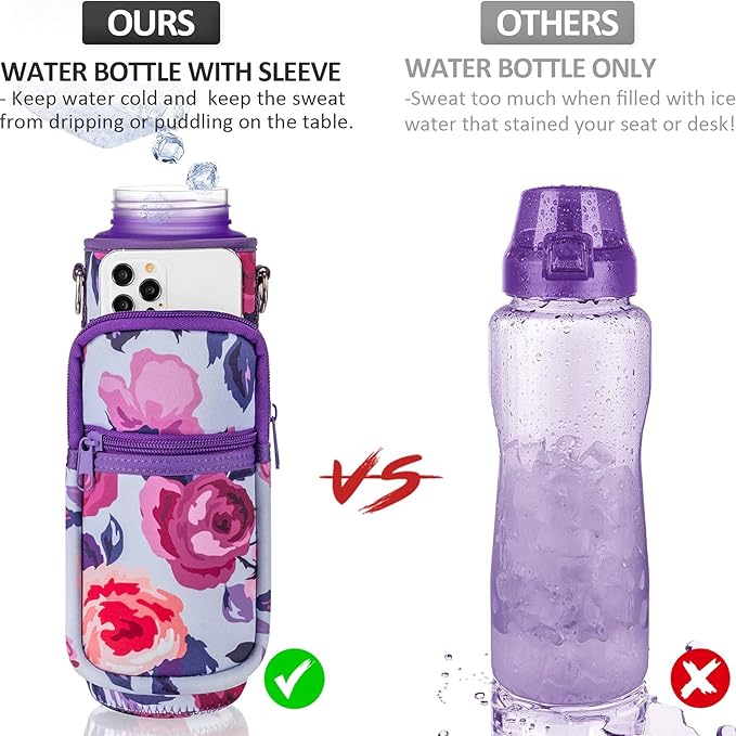 Fimibuke 32 oz Water Bottle with Sleeve - BPA Free Leakproof Sport Large 1L Plastic Motivational Water Bottle with Straw Strap & Insulated Neoprene Holder Carrier Bag Great Xmas Gift for Women Men