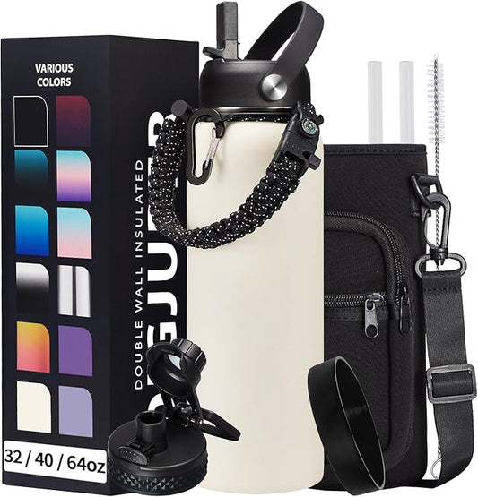 40oz Insulated Water Bottle - w/Straw Spout Lid, Bottle Holder with Strap, Paracord Handle, Protective Bottom Boot, Stainless Steel Metal Thermo Jug Flask Cold 48h & Hot 24h, Cream White