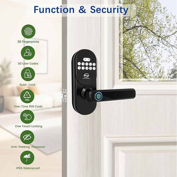 Smart Door Lock with Fingerprint and Keypad, Keyless Entry Deadbolt with Handle, APP Control and Auto Lock for Front Door, Easy Install for Home and Office, IP65 Weatherproof