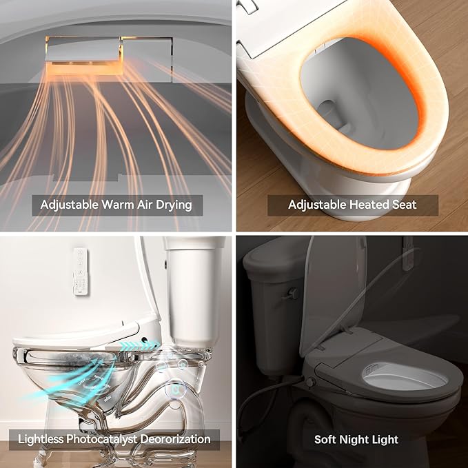 R&T V3200 Elongated Bidet Toilet Seat, Electric Bidet Seat with Adjustable Warm Water, Air Dryer, Heated Seat, Night Light, Deodorization