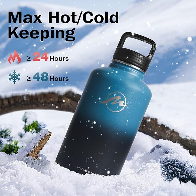 Insulated Water Bottle 64 oz with Straw Lid (3 Lids), Half Gallon Jug Flask, Large Metal Stainless Steel Bottle, 64 oz Double Wall Vacuum Sports Thermo Mug, Cold 48H Hot 24H (Indigo Black)