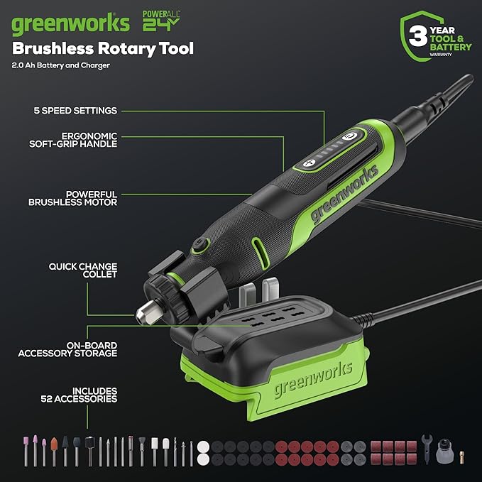 Greenworks 24V Cordless Rotary Tool Kit, Brushless motor, 5-Speed, 35,000 RPM, 52 Accessories for Cutting, Sanding, Engraving, Carving, Drilling and Polishing