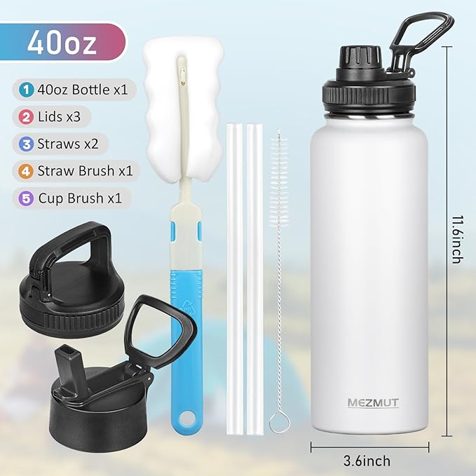 Insulated Water Bottle with Straw&3 Lids 40oz Stainless Steel Water Bottles Sports Metal Water Bottle Double Walled Vacuum Insulated Bottles Thermos Leak-Proof Travel Thermal (White)